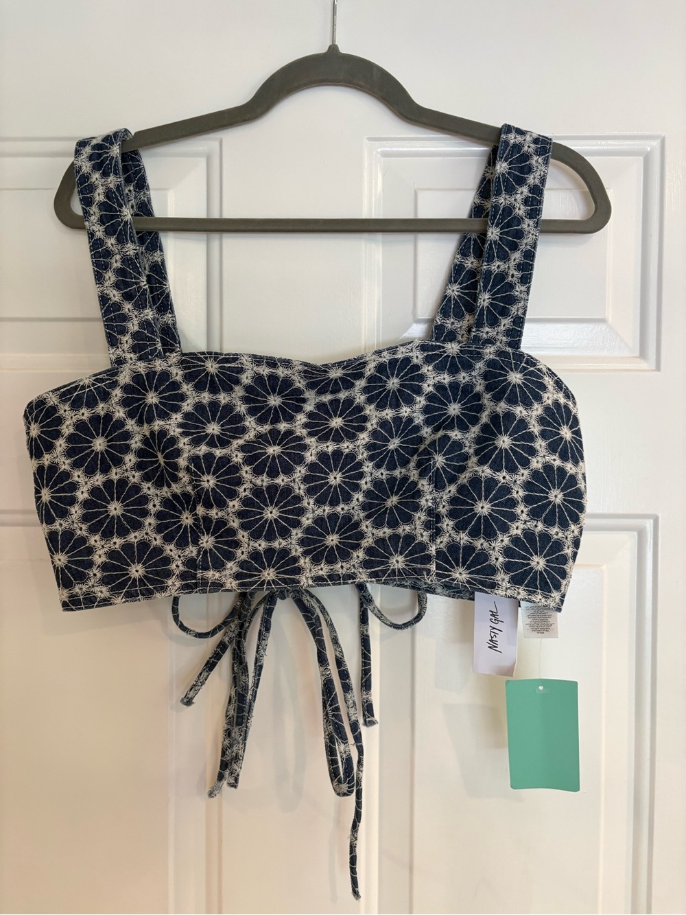NWT Nasty Gal Floral Denim Crop Tank Top with Tie-Back